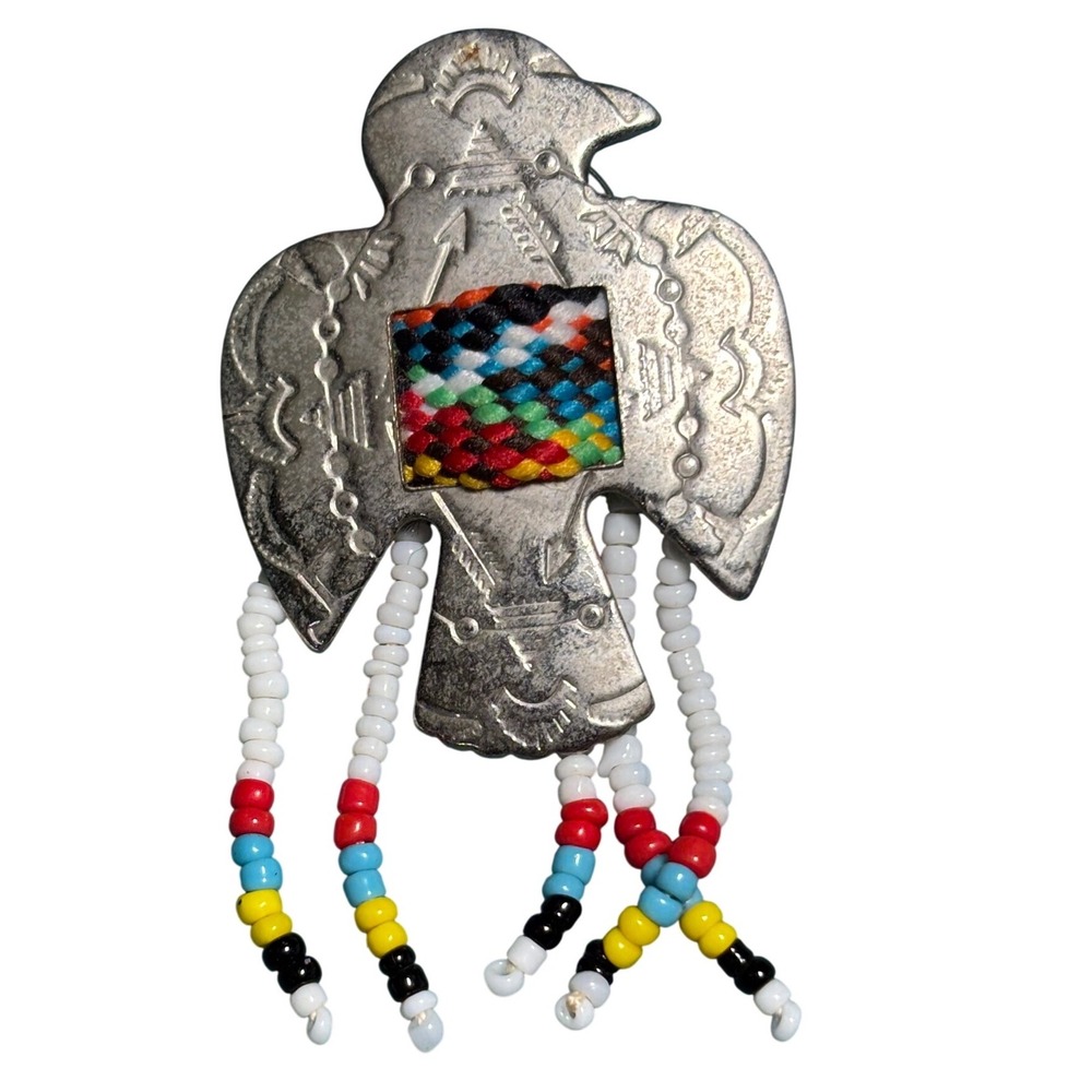 Vintage Thunderbird Pin Silver Tone Stamped Beaded Fringe Southwestern Boho 42mm